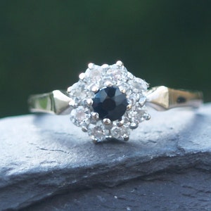 Vintage 9ct Gold Sapphire & Cubic Zirconia Cluster Ring Size O 1/2 or 7 1/2 US Full Hallmarks London 1989. image 1