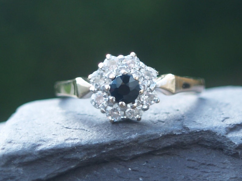 Vintage 9ct Gold Sapphire & Cubic Zirconia Cluster Ring Size O 1/2 or 7 1/2 US Full Hallmarks London 1989. image 1