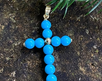 Vintage 18ct gold Turquoise Bead Cross Pendant 30mm x 18mm Stamped 750
