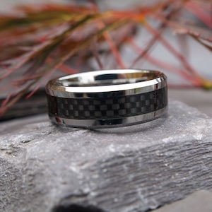 Tungsten Comfort Fit Ring with Black Woven Detail - Size U / 10 1/4 US