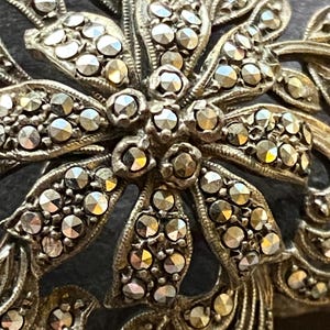 May include: Close-up of a silver floral brooch. The brooch has a detailed design with layers of stylized leaves and flower petals, each with small, sparkling, round stones. The metal has an antique finish.