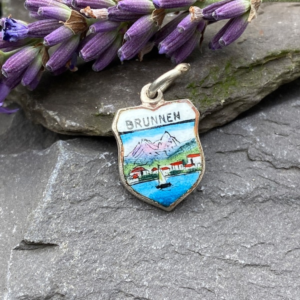 Vintage Silver & Enamel Brunnen Town Shield Charm.