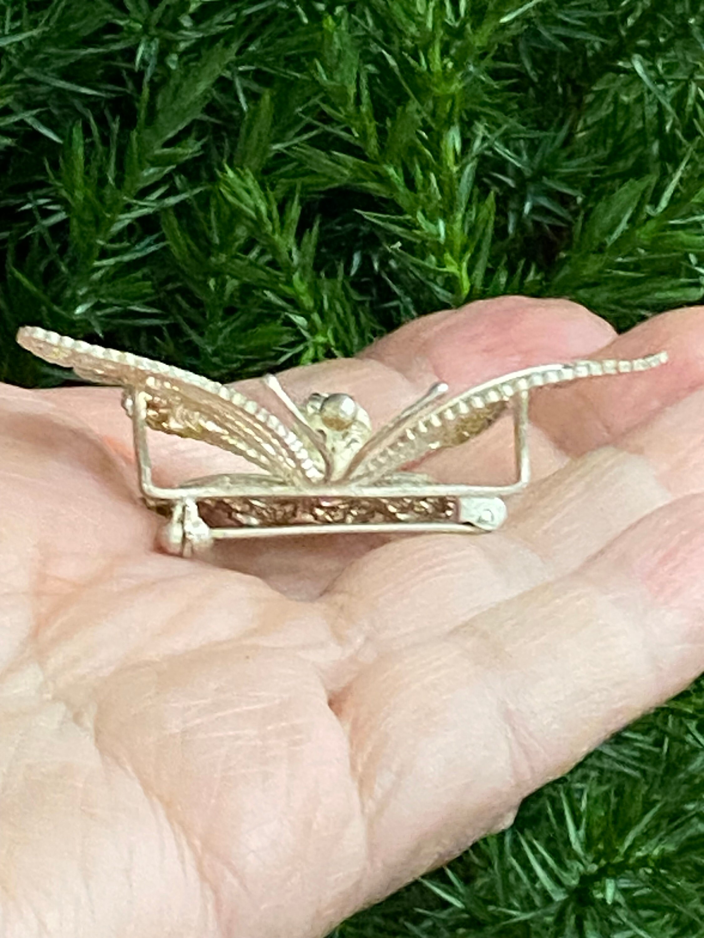 Belle Broche Ancienne En Argent Papillon Filigrane - Zircons - Poinçonnée - Vintage