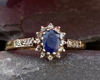 9ct Gold Sapphire & Diamond Engagement Ring 9ct Size M 1/2 or 6 1/2 USA.