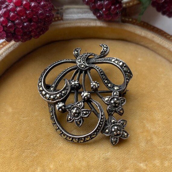 Broche Florale Argent Et Marcassites - Style 1900, Vintage, Occasion En Bon état