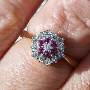 Ruby & Cubic Zirconia Sterling Silver Gilt Cluster Ring Size L 1/2 or 5 3/4 US.