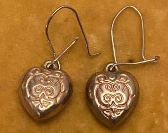 Sterling Silver Puffed Heart Drop Earrings.