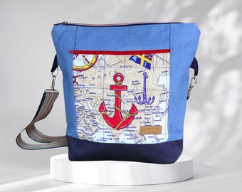 Damen Umhängetasche// Anker Tasche // Foldover Tasche //maritime Geschenke // blaue Tasche// Jeanstasche /Strandtasche/ Sommertasche