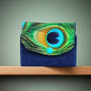 Geldbörse Damen aus Stoff mit Pfauenmuster  - mini Geldbeutel - blaues Portemonnaie - ausgefallene Geldbörse Damen - blauer Geldbeutel