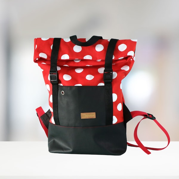 rolltop Rucksack Damen/Rollrucksack // Canvas Rucksack // roter  Rucksack //Stoffrucksack //Cityrucksack Damen //Tagesrucksack //polka dots