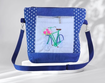 Damen Umhängetasche / Foldover Tasche / Jeans Tasche /Handtasche blau / Schultertasche Damen / Fahrrad lustig / Stofftasche / Geschenkidee