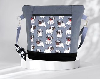 Schltertasche Damen/ Foldover Umhängetasche / große Handtasche /Stofftaschen /Damen Umhängetasche / Mops Hund / Gassitasche / graue Tasche