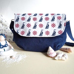 Umhängetasche Damen klein - Cordtasche - Handtasche Damen - kleine blaue Cord Tasche mit Anker - als Clutch Tasche zu verwenden -