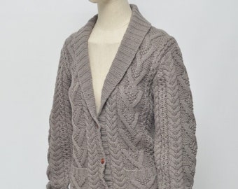 Cardigan gris en tricot de laine vintage Ralph Lauren pour femme, taille L, fabriqué à Hong Kong