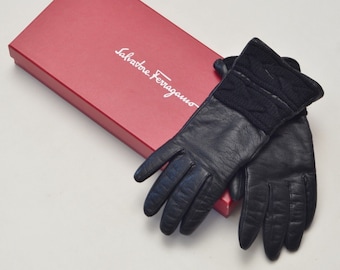 Salvatore Ferragamo Luxury Women's Black Leather & Cashmere Gloves Made in Italy