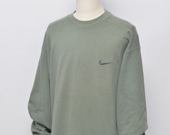 Nike Vintage Men's Khaki Green Cotton Swoosh Oversized Sweatshirt Size M