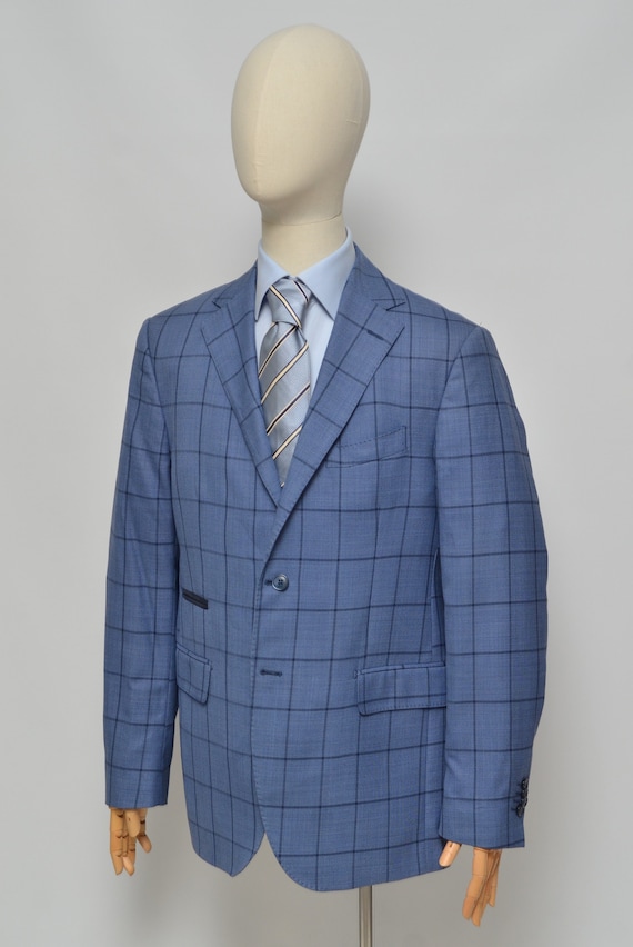 BOGGI Milano Luxury Men's Blue Wool Plaid Blazer J
