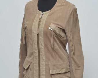 TWINSET Simona Barbieri Women's Beige Leather Linen Jacket Size M Made in Italy