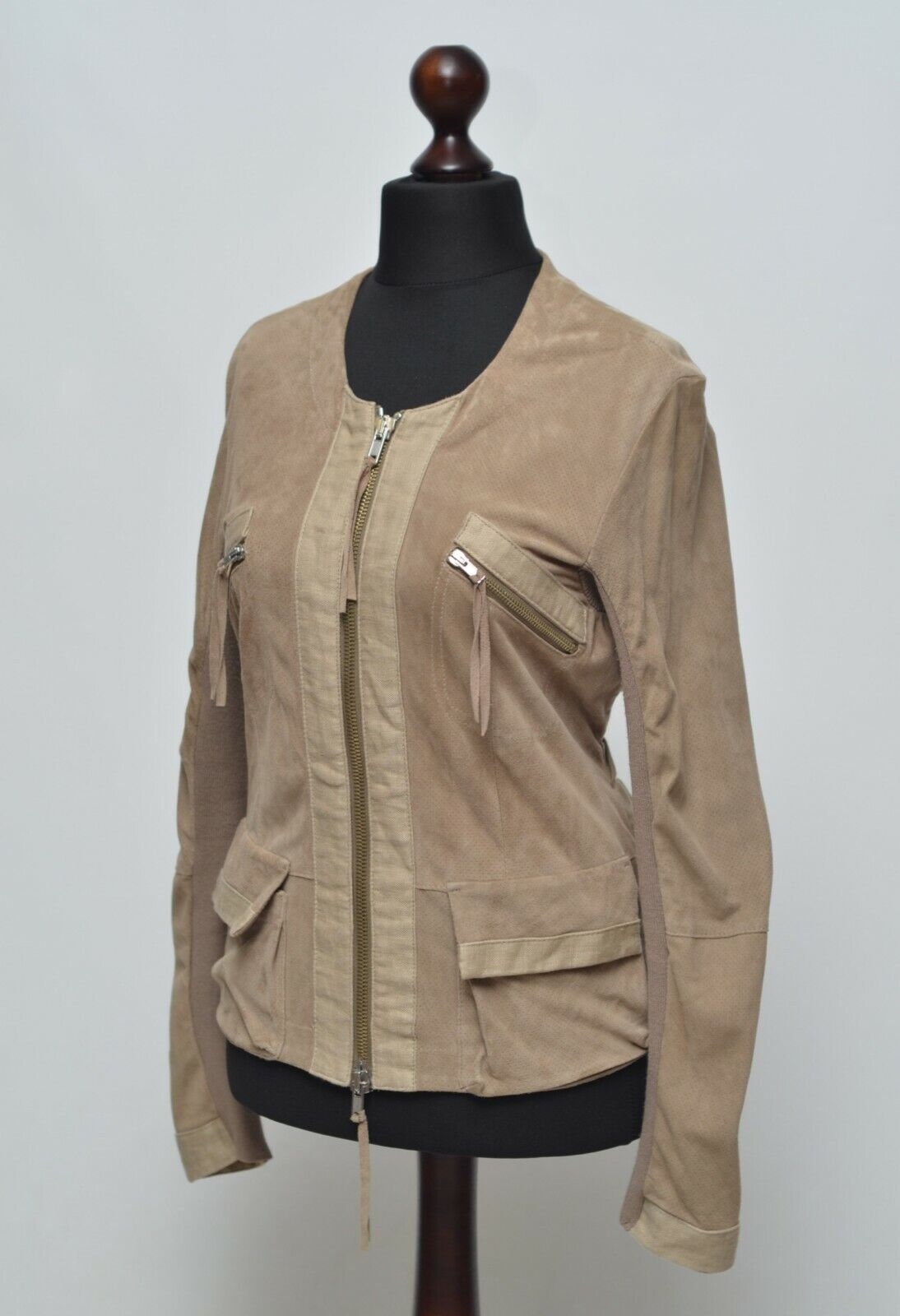 TWINSET Simona Barbieri Women s Beige Leather Linen Jacket Size M Made in Italy Etsy Canada