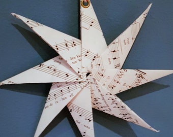 Stars from hymnbook pages, hand folded, eight lace, eyelet to hang, Christmas