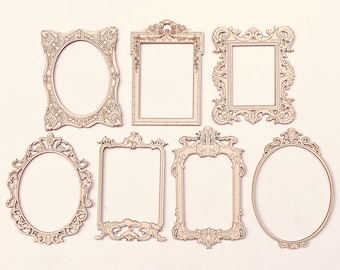 Vintage mini frames collection. laser cut ornaments for beautiful junk journals. 8 picture frames for victorian miniature wall decor.