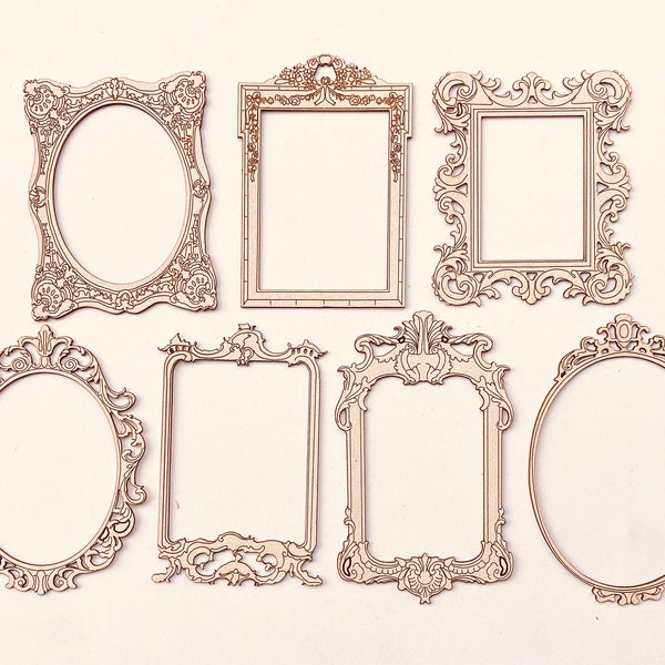 Vintage mini frames collection. laser cut ornaments for beautiful junk journals. 8 picture frames for victorian miniature wall decor.