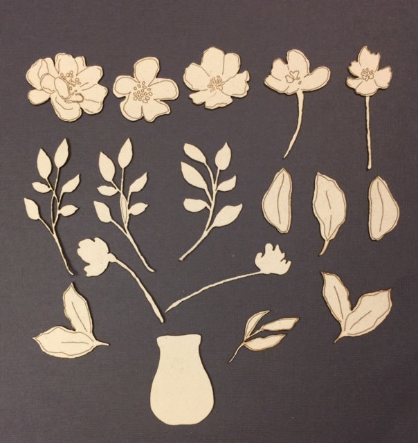 Bunch of Laser Cut Flowers Set. Cut Out Flowers, Pot and Leaves. Spring