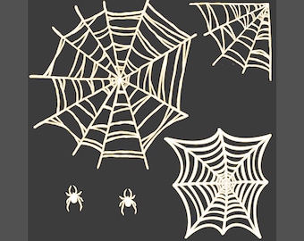 halloween spider web cut out collection. laser cut spider web chipboard kit. mixed media rigid carton spider web shapes. spiderweb to paint