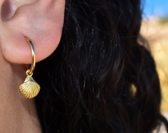 Gold Seashell Hoop Earrings, Ocean Lover Gift, Beach Jewellery, Conch Shell, Cowrie Shell, Gold Earrings, Mermaid Jewellery,