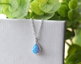 Blue Opal Necklace, 925 sterling silver, pear opal necklace, blue opal jewelry, pear shaped necklace, tiny pendant, blue opal charm