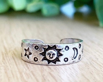 Sun Toe Ring, sterling silver, moon toe ring, stars toe ring, celestial toe ring, sun ring, moon ring, Toe rings for women, Toe ring silver