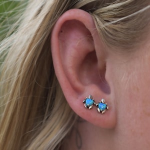 Turtle Ear Studs, 925 sterling silver, blue opal ear studs, blue opal jewelry, blue opal earrings, October birthstone, turtle lover gift