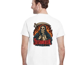 Skate or Die Grim Reaper T-Shirt | Gothic Skater Streetwear | Tattoo-Inspired Death Tee | Alt Punk Aesthetic