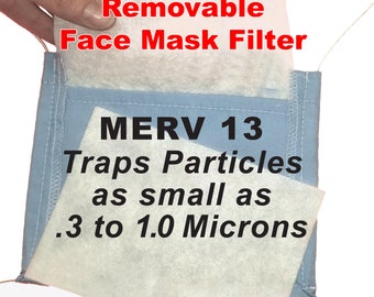 May include: A blue fabric face mask with a white filter insert. The filter is labeled "Removable Face Mask Filter" and "MERV 13 Traps Particles as small as .3 to 1.0 Microns".