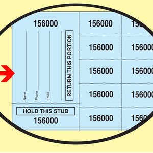 May include: A blue and white ticket stub with the text "RETURN THIS PORTION" and "HOLD THIS STUB" and the number "156000" repeated multiple times.