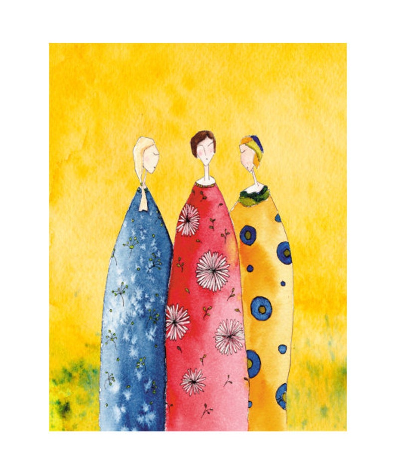 Three women artist postcard with partial varnish
