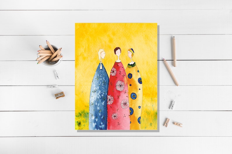 Three women artist postcard with partial varnish