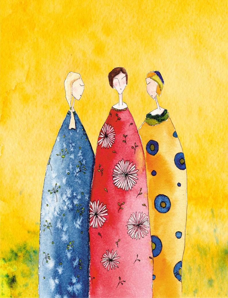 Three women artist postcard with partial varnish