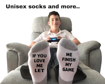 Valentines day gift for kids. Gaming socks for teen boys and girls. Gamer gift for man, or woman. If you love me let me finish my game.