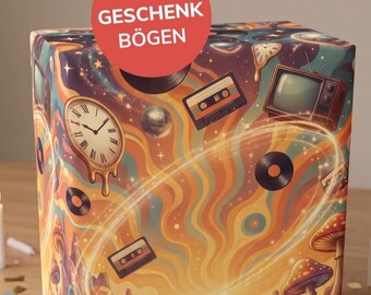Cadeaupapier in retrostijl uit de jaren 70, psychedelisch cadeaupapier voor 50e en 60e verjaardagen, vintage vinyl cassettepapier, DIN A2-vellen, muziekcadeau