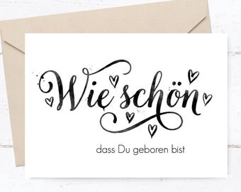 Greeting card "How wonderful that you were born", beige card with calligraphy, minimalist birthday greeting card, boho style, elegant, timeless