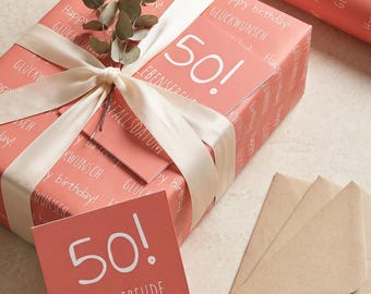 Conjunto de papel de embrulho "Alegria da Vida" coral, 5 unidades de papel de embrulho DIN A2; Cartão de aniversário redondo, 5 unidades de cartões "Alegria da Vida" com envelopes premium marrons.