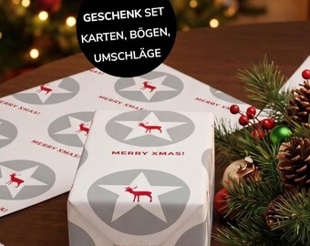 Papel de embrulho clássico de Natal, conjunto de 5 peças, Feliz Natal, papel de embrulho DIN A2, cartão de Natal com envelopes incluídos.