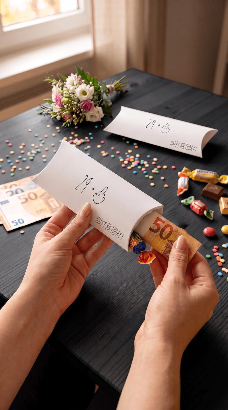 May include: A white rectangular paper gift box with the text 29 + middle finger icon and HAPPY BIRTHDAY printed on the front. The box is being held open to reveal a 50 Euro banknote and a small wrapped candy inside, with confetti scattered nearby.
