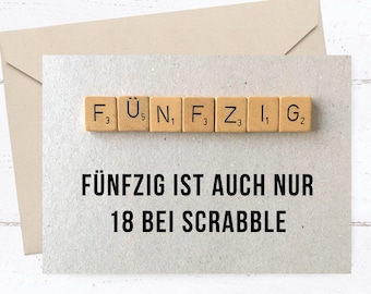 Glückwunsch Postkarte: Scrabble 50