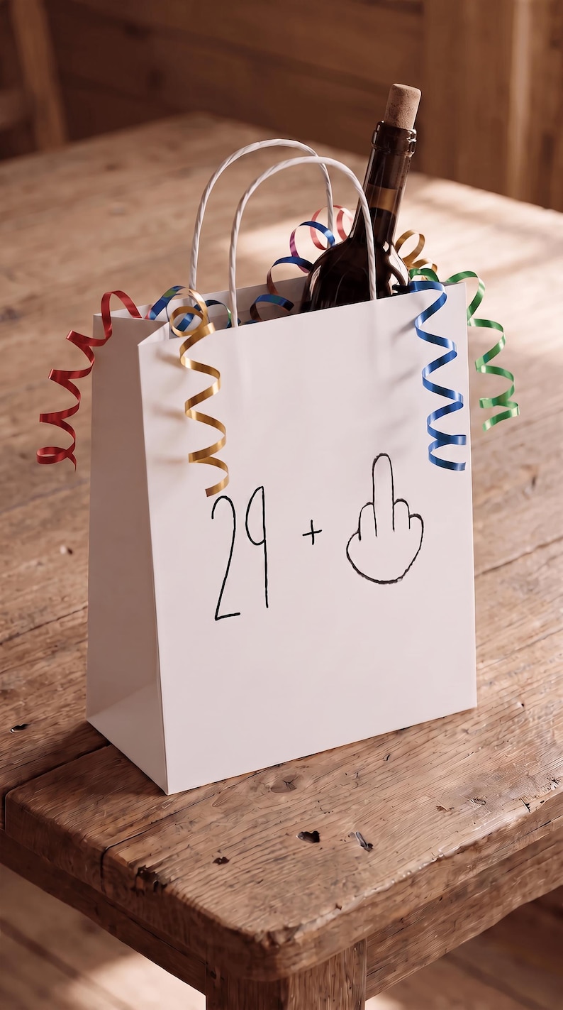 May include: A white gift bag with two white paper handles, featuring the black printed text 29 + and a hand gesture icon. A dark glass bottle with a cork stopper is inside the bag, surrounded by red, gold, blue, and green curling ribbons.