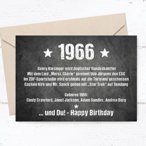 Könnte beinhalten: Eine Geburtstagskarte mit schwarzem Hintergrund und weißem Text. Das Jahr "1966" ist prominent dargestellt, flankiert von Sternen. Die Karte enthält Text über Ereignisse und Personen aus dem Jahr 1966 und endet mit "... und Du! - Happy Birthday".
