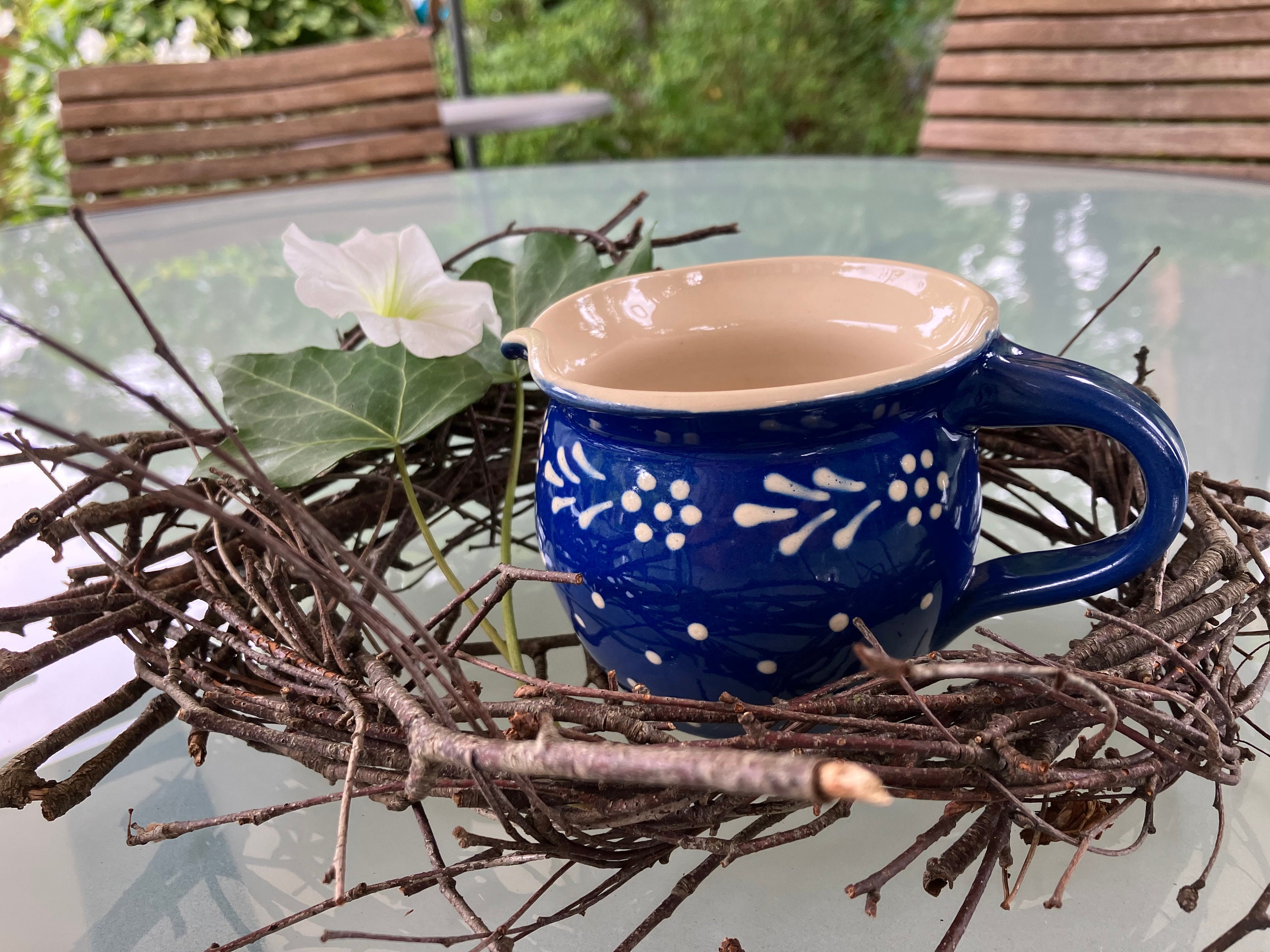Milchkännchen, Vintage Keramik Kanne, Bunzlau?, blau, Punkte, florale Verzierung, Germany