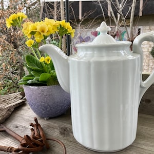 Op de afbeelding: Witte porseleinen theepot met een geribbeld ontwerp en een deksel met een knop. De theepot staat op een houten oppervlak met een geplante plant en roestige sleutels op de voorgrond.