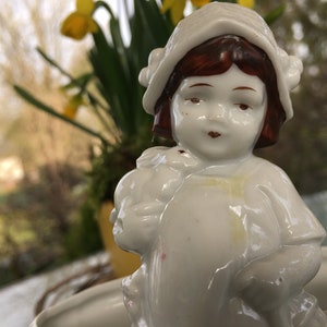 Vase Basket Girl Figure Porcelain Germany Flower Placement Vase Easter Rabbit